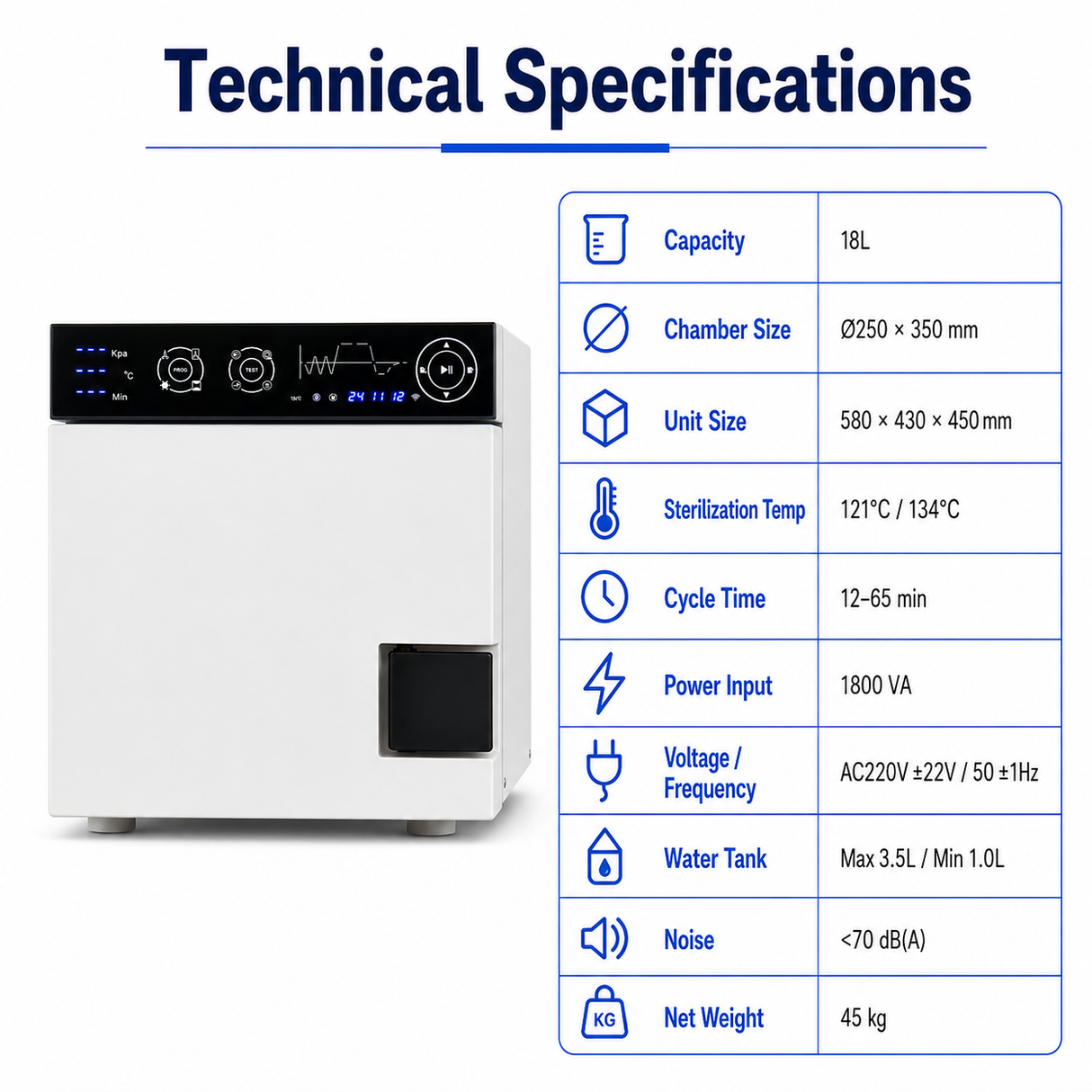 18L Class B Dental Autoclave Sterilizer | Benchtop Steam Sterilizer 121°C/134°C