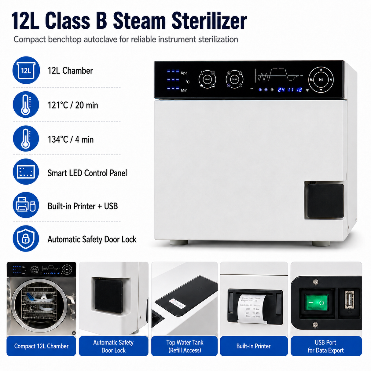 Esterilizador autoclave dental de clase B de 12 L | Esterilizador de vapor de sobremesa 121°C/134°C