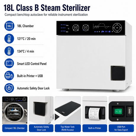 18L Class B Dental Autoclave Sterilizer | Benchtop Steam Sterilizer 121°C/134°C