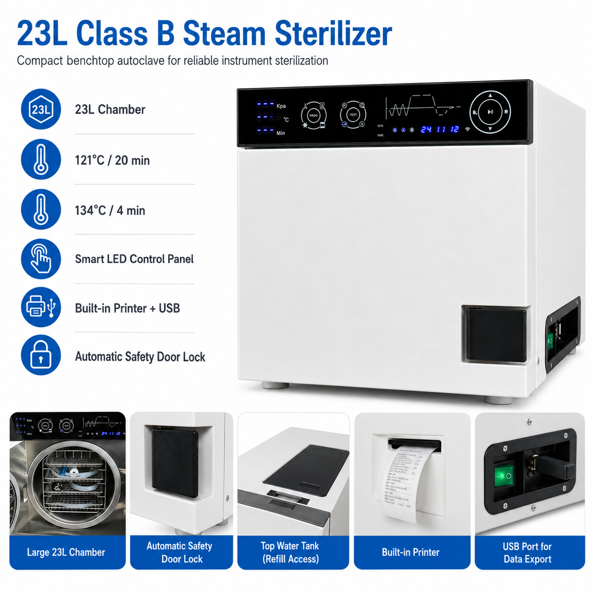 23L Class B Dental Autoclave Sterilizer | Large Capacity Tabletop Steam Sterilizer