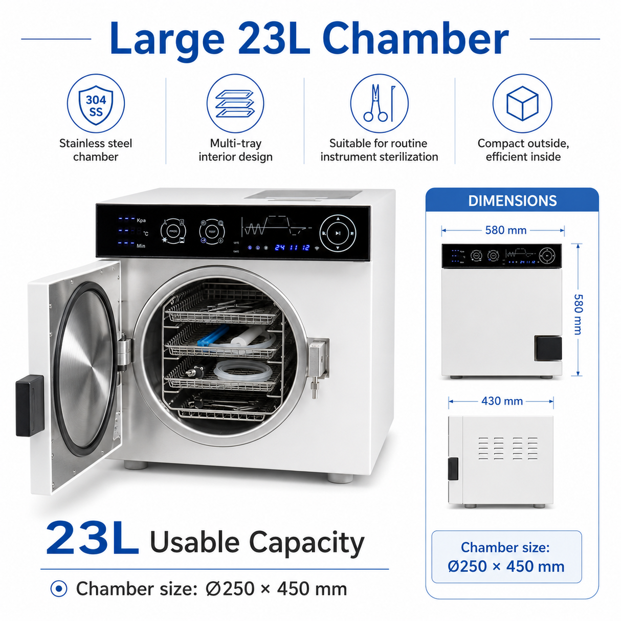 23L Class B Dental Autoclave Sterilizer | Large Capacity Tabletop Steam Sterilizer
